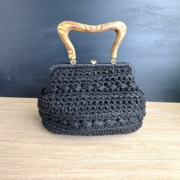 Black raffia woven handbag with wooden handle - made in Italy - vintage - Picture 3 of 11
